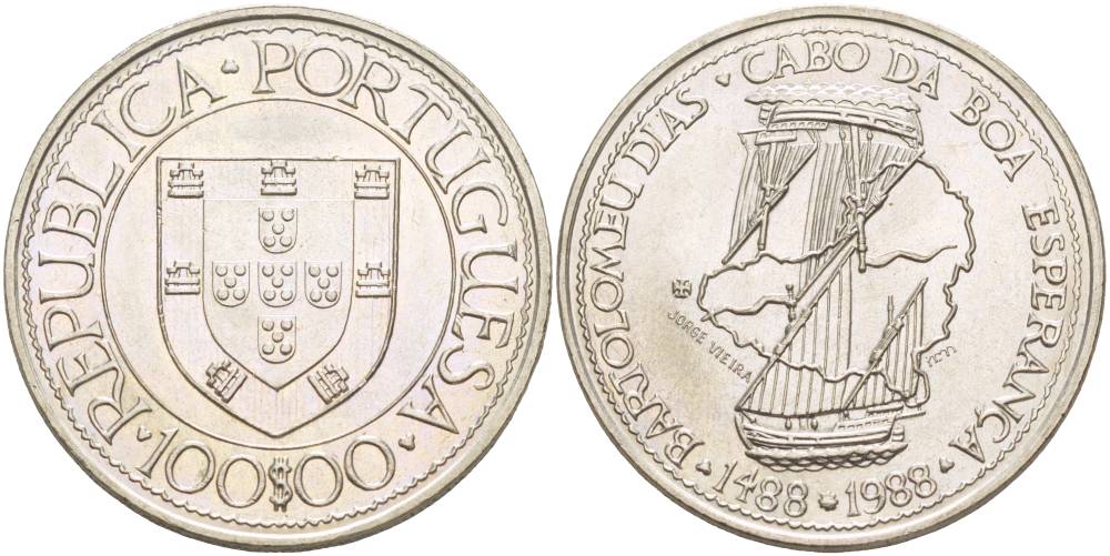 Португалия 100 эскудо 1988 серия золотой век португальских открытий, Бартоломеу Диаш KM 642 медно-никель UNC 4537-523