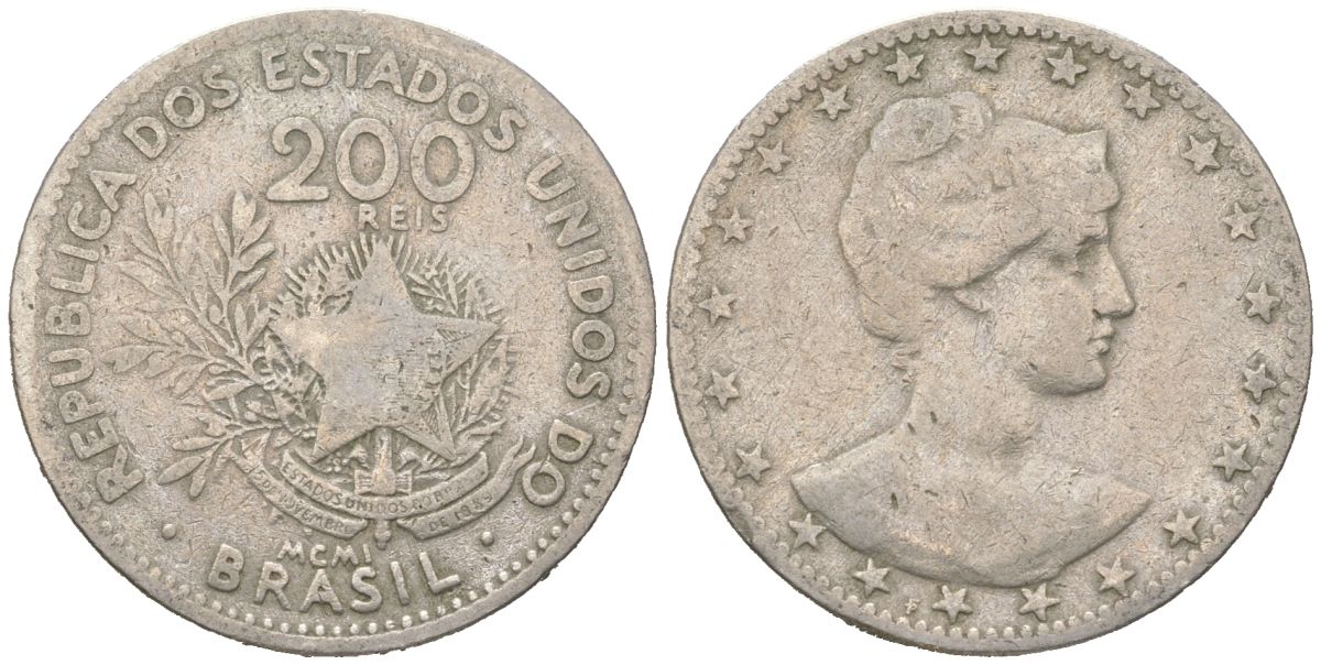 Бразилия 200 реалов 1901 MCMI, голова свободы вправо KM 504 медно-никель 4612-212