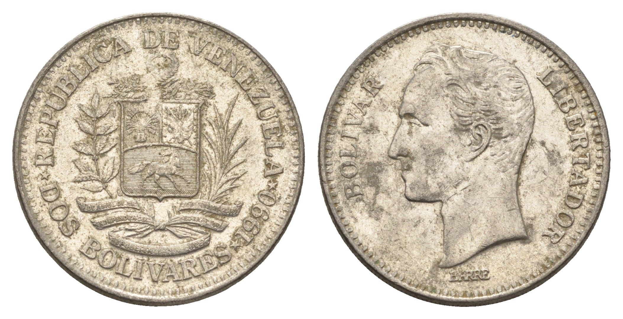 Венесуэла 2 боливара 1990 Симон Боливар Y 43a сталь плакированная никелем 4662-957