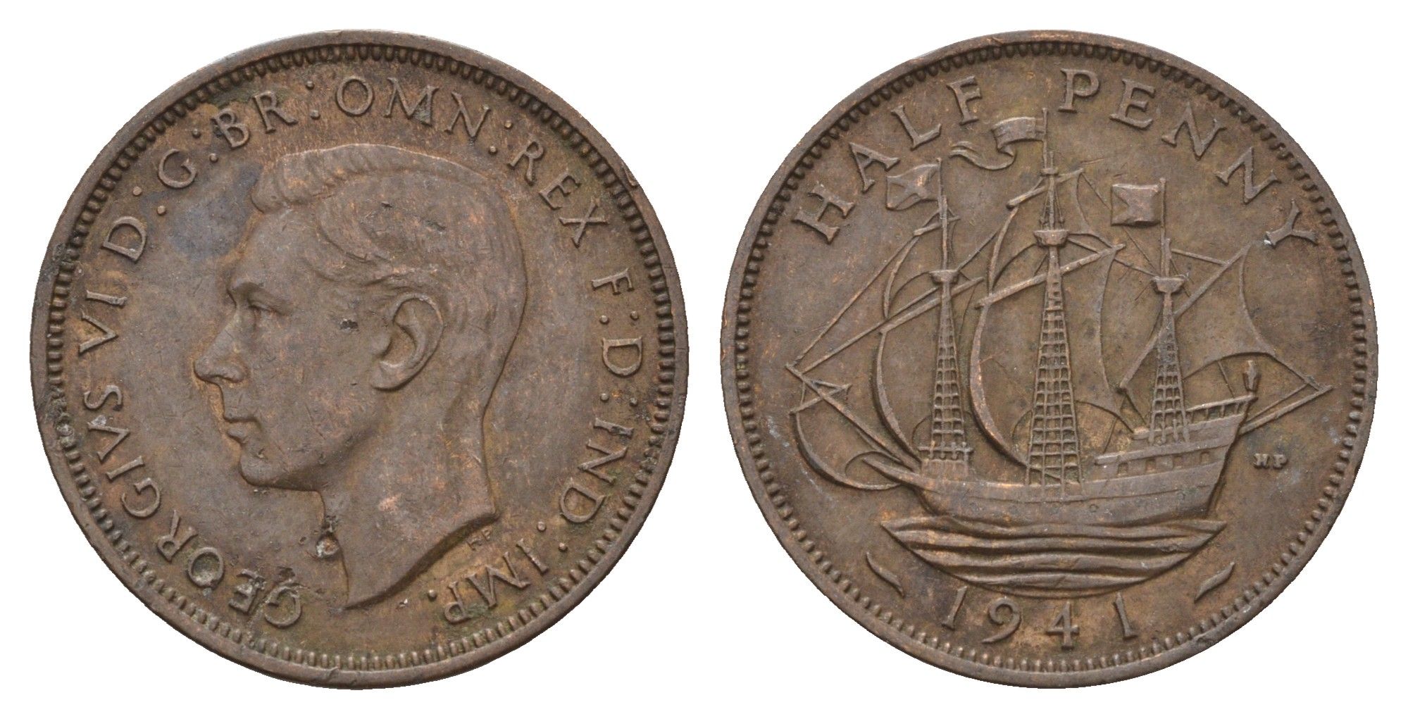 Великобритания 1/2 пенни 1941 Георг VI (1936-1952) KM 844, Spink 4115 бронза 4629-211