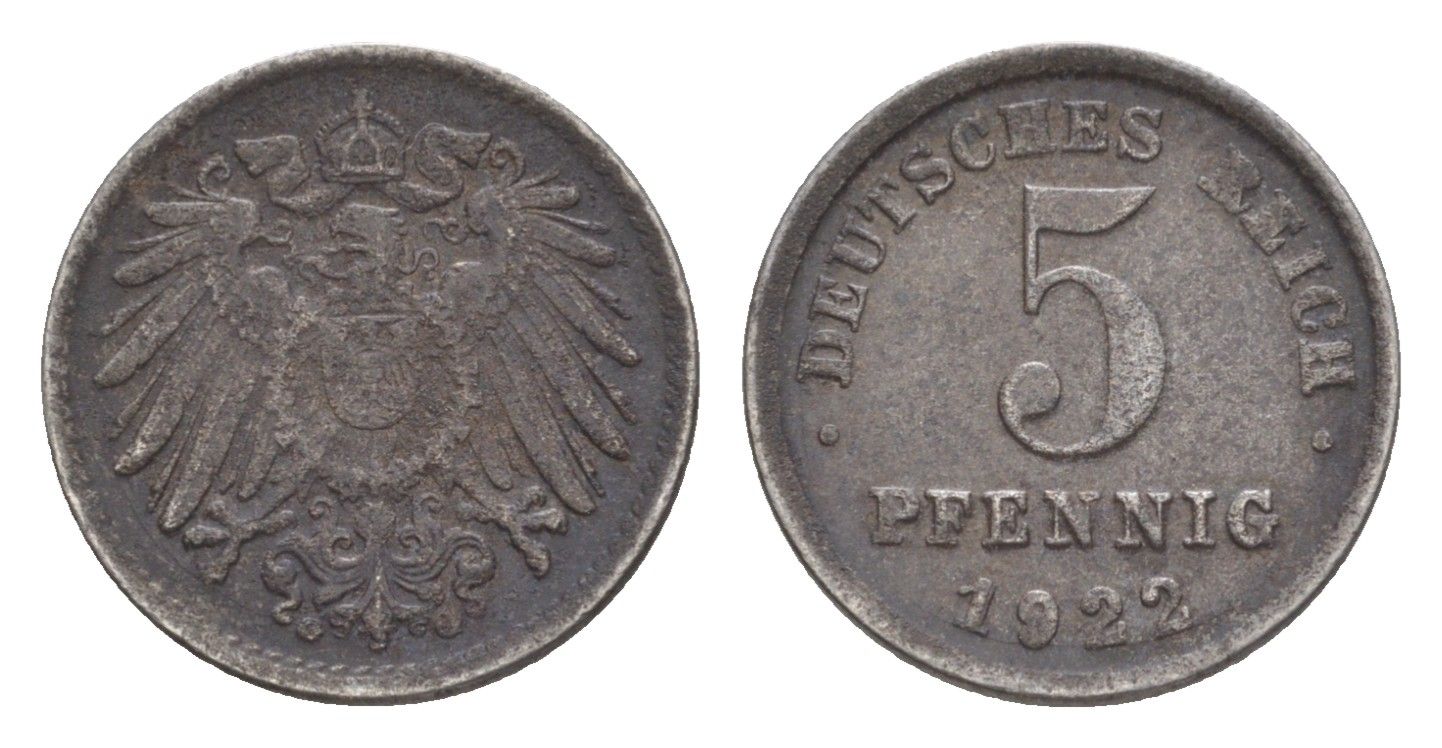 Германия 5 пфеннигов 1922 G KM 19, J. 297, Weege 5 железо плакированное цинком 4640-168