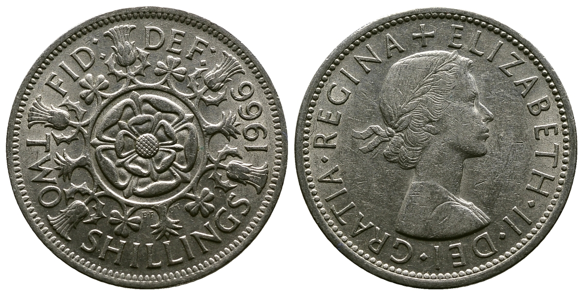 Великобритания 2 шиллинга (флорин) 1966 Елизавета II (1952-2022) KM 906, Spink 4146 медно-никель 4382-644