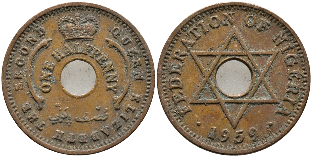 Нигерия 1/2 пенни 1959 Елизавета II (1952-), Британский протекторат KM 1 бронза 4387-451