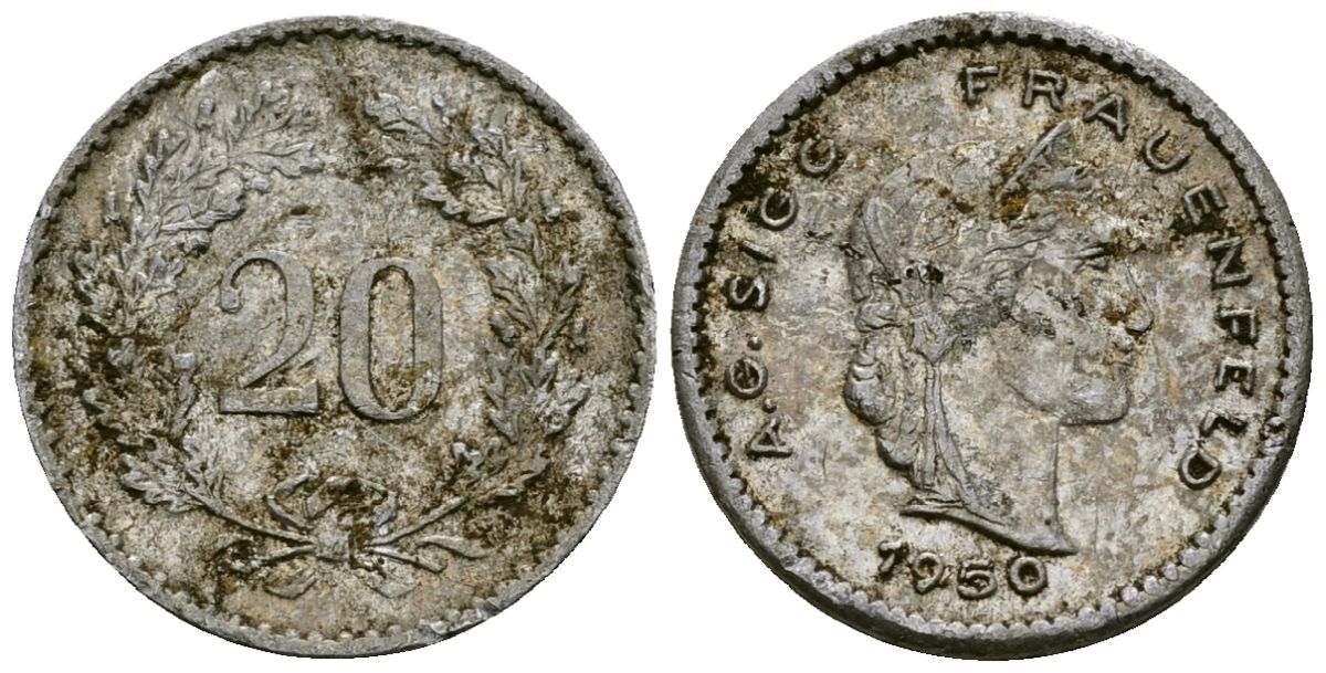 Швейцария 20 раппенов 1950 KM 29a медно-никель 4173-1019