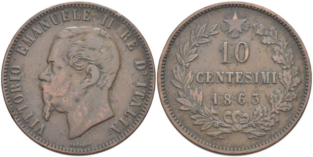 ИТАЛИЯ 10 ЧЕНТЕЗИМО 1863 МОНДВОР ПАРИЖ, ВИКТОР ЭММАНУИЛ II (1861-1878) KM 11.2 медь 4526-733