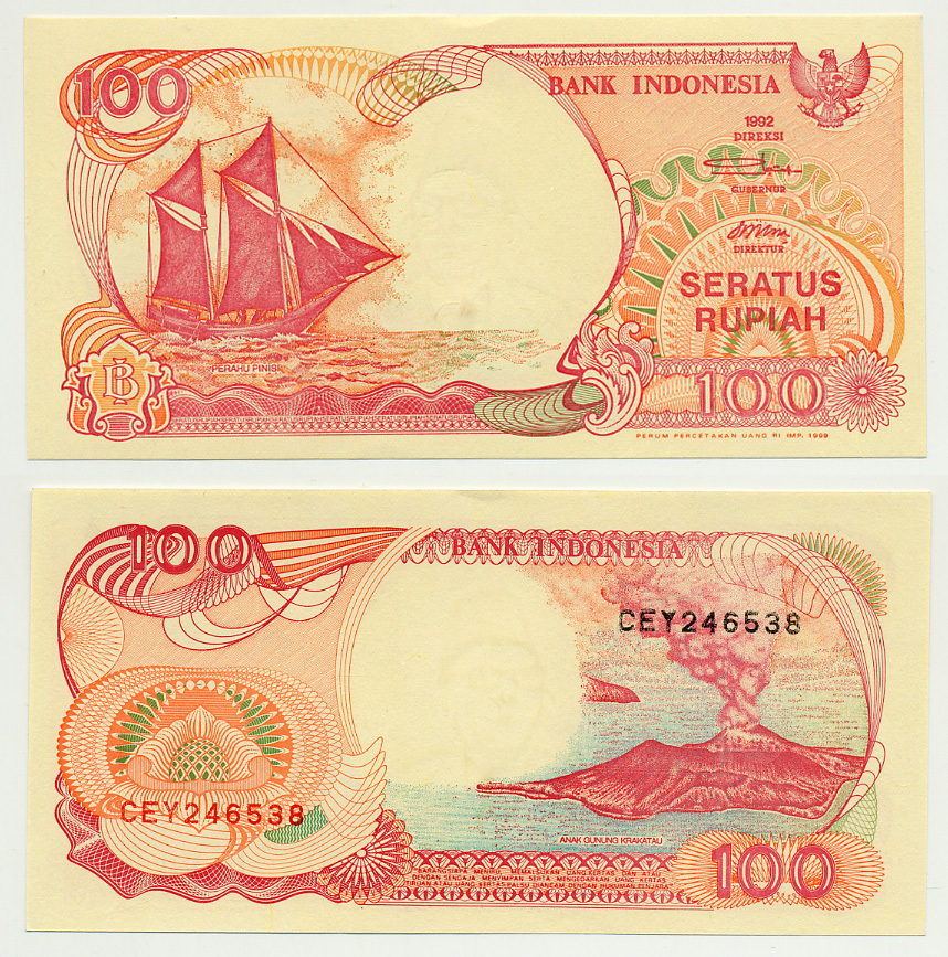 ИНДОНЕЗИЯ 100 РУПИЙ 1992/1999 ПАРУСНИК PINISI, ВУЛКАН ANAK KRAKATAU Pick 127g бумага UNC (ПРЕСС) 6293-8-2