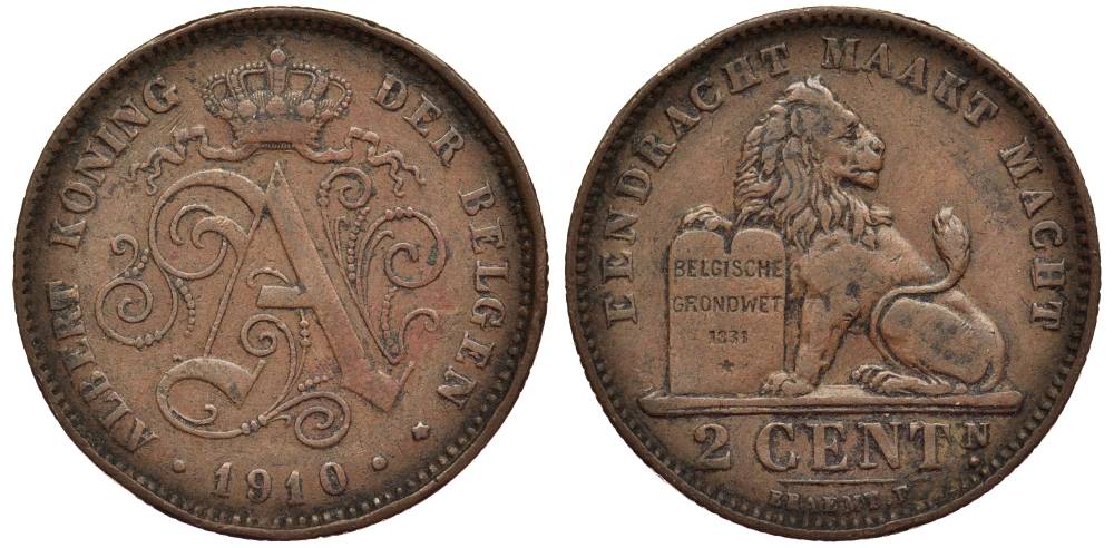 БЕЛЬГИЯ 2 САНТИМА 1910 BELGEN, АЛЬБЕРТ I (1909-1934) KM 65 медь 27-814
