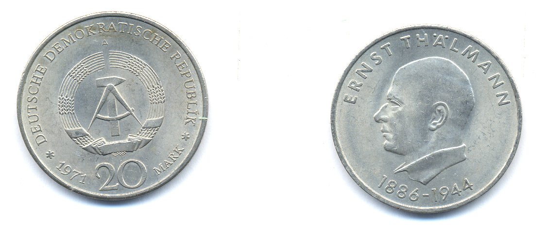 ГДР 20 марок 1971 A, 85 лет со дня рождения Эрнста Тельмана KM 34, J. 1535 медно-никель 3333-516