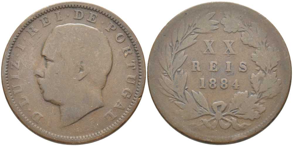 ПОРТУГАЛИЯ 20 РЕЙСОВ 1884 ЛУИШ (ЛЮДОВИК) I (1861-1889) KM 527 бронза 109-1043