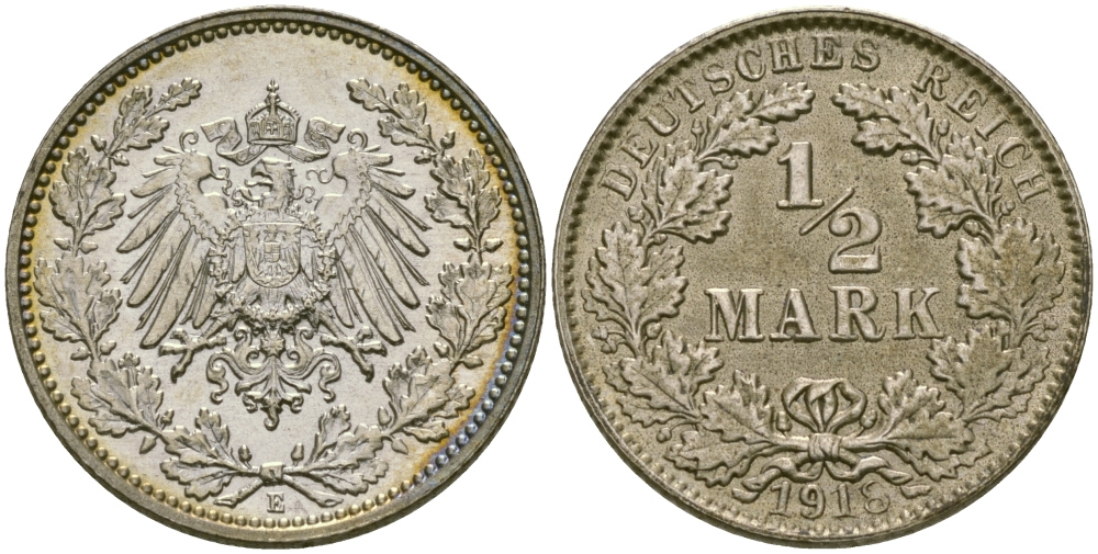 ГЕРМАНИЯ 1/2 МАРКИ 1918 E J. 16, KM 17 серебро UNC 65-253