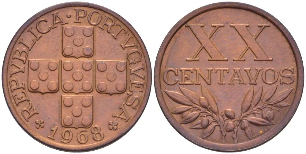 ПОРТУГАЛИЯ 20 СЕНТАВО 1968 KM 584 бронза 4516-813