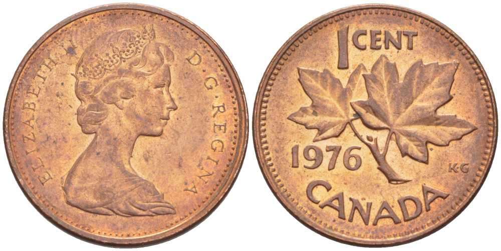 Канада 1 цент 1976 Елизавета II (1952-2022), кленовый лист KM 59.1 бронза 54-727