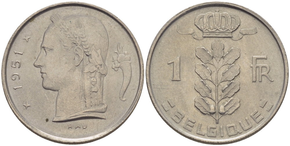 БЕЛЬГИЯ 1 ФРАНК 1951 BELGIQUE KM 142.1 медно-никель UNC 28-245