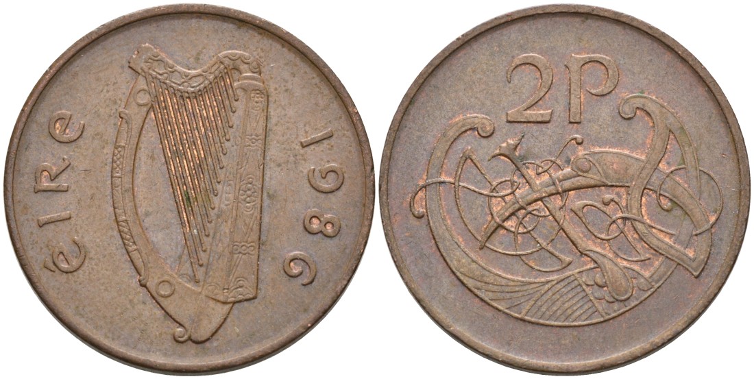 Ирландия 2 пенса 1986 виньетка в виде стилизованной птицы из второй библии Карла II Лысого KM 21 бронза 4561-1224