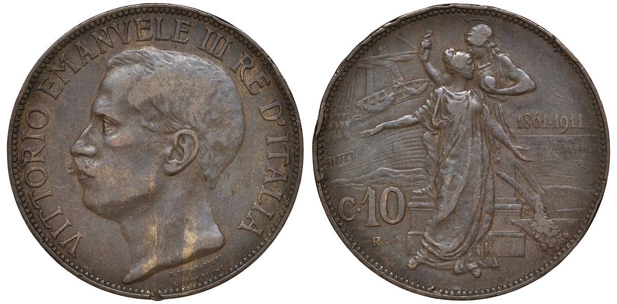 Италия 10 чентезимо 1911 50 лет Королевству Италия (1861-1911) KM 51 медь 4512-941