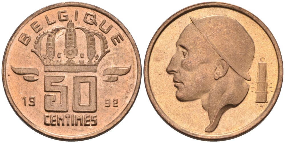 Бельгия 50 сантимов 1992 Belgique KM 148.1 бронза UNC 192-462