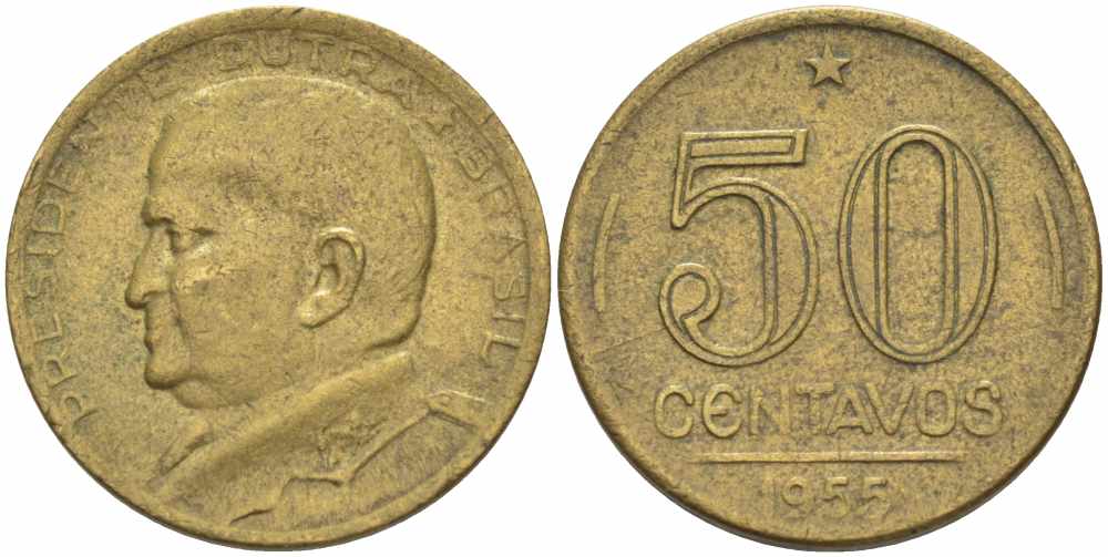 БРАЗИЛИЯ 50 СЕНТАВО 1955 ГЕНЕРАЛ ЭУРИКО ГАСПАР ДУТРА ПРЕЗИДЕНТ БРАЗИЛИИ KM 563 алюминиевая бронза 108-1131