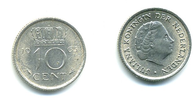 Нидерланды 10 центов 1965 Юлиана (1949-1980) KM 182 никель 76-338