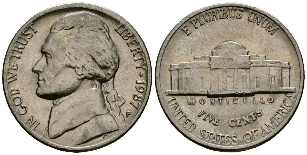 США 5 центов 1987 Джефферсон KM A192 медно-никель 4135-452