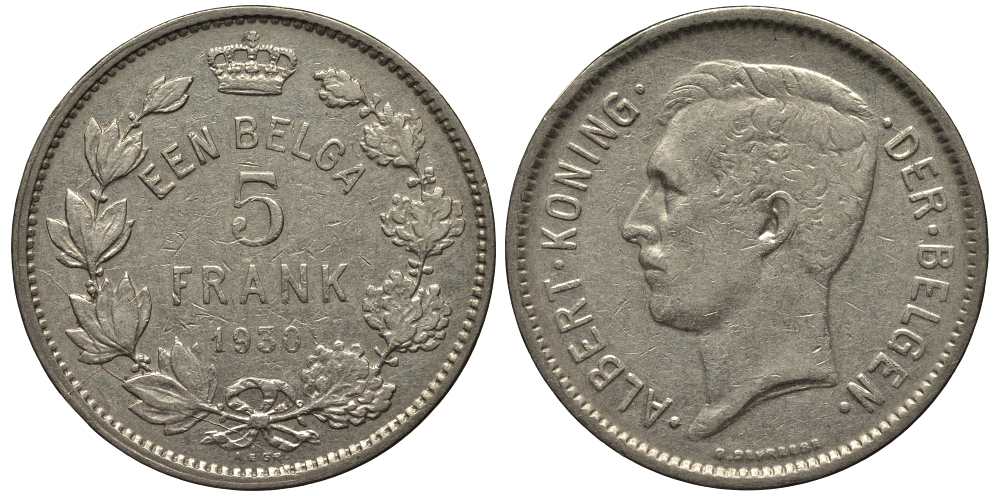 БЕЛЬГИЯ 5 ФРАНКОВ 1930 BELGEN KM 98 никель 443-731