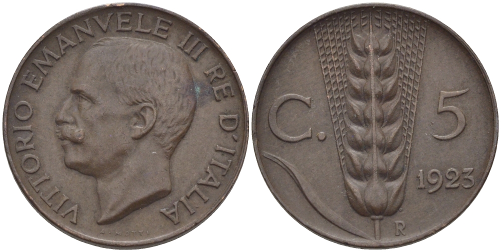 ИТАЛИЯ 5 ЧЕНТЕЗИМО 1925 R, ВИКТОР ИМАНУИЛ III KM 59 медь 100-145