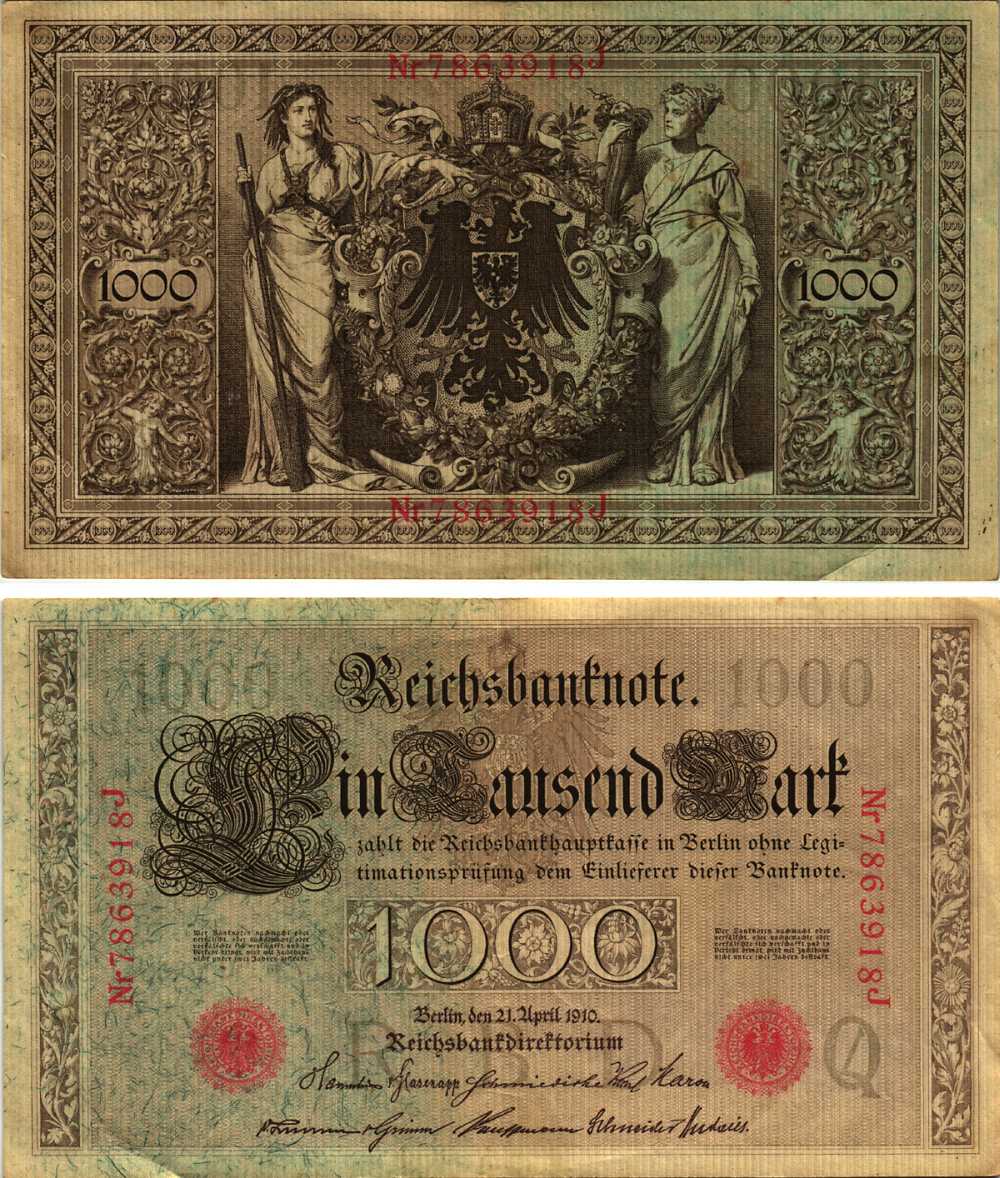 ГЕРМАНИЯ 1000 МАРОК 1910 21 АПРЕЛЯ 1910, СЕМИЗНАЧНЫЙ НОМЕР, СЕРИЯ J Pick 44b бумага 8610-17-1