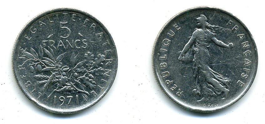 Франция 5 франков 1971 сеятель KM 926a.1, Le Franc 341.3 медно-никель плакированный никелем 25-715