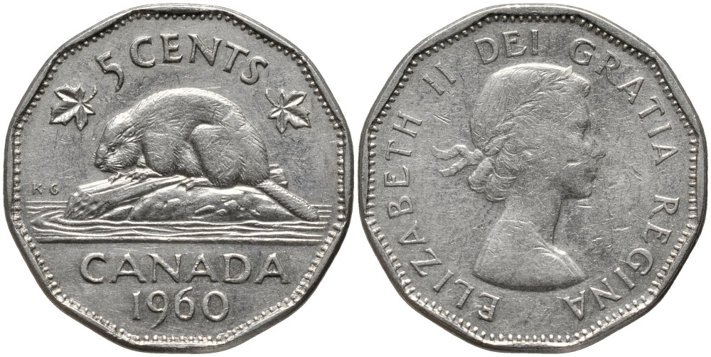 КАНАДА 5 ЦЕНТОВ 1960 ЕЛИЗАВЕТА II, БОБЕР KM 50а никель 4388-622
