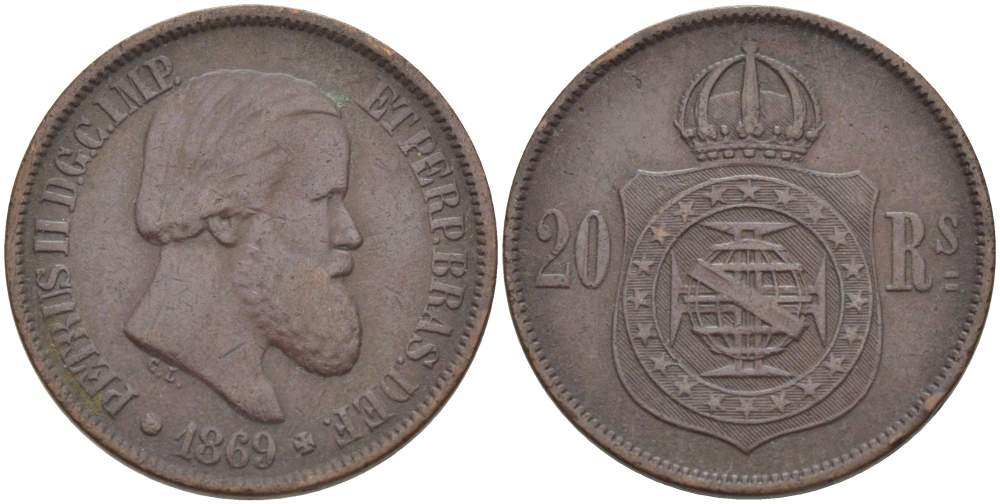 Бразилия 20 рейсов 1869 Педро II (1831-1889) KM 474 бронза 4529-445