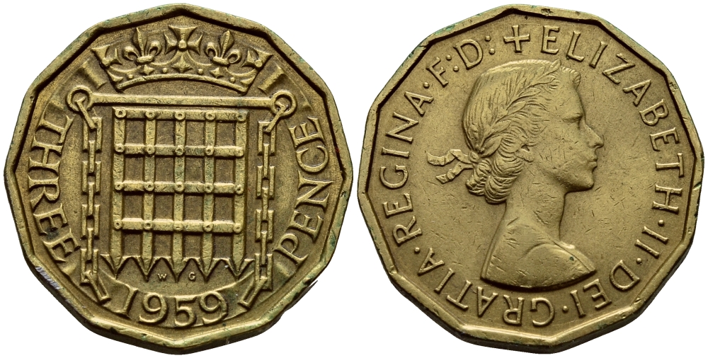 Великобритания 3 пенса 1959 Елизавета II (1952-2022) KM 900, Spink 4153 никель латунь 37-815