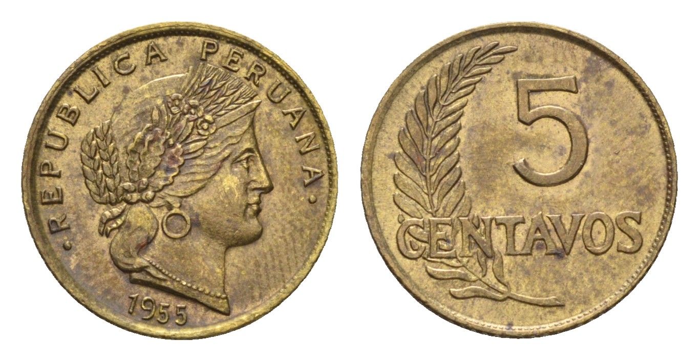 Перу 5 сентаво 1965 KM 223 латунь aUNC 4124-1247