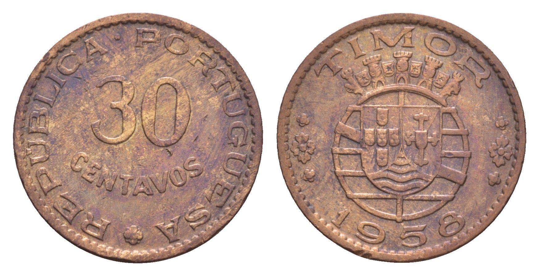 Португальский Тимор 30 сентаво 1958 год-тип KM 11 бронза 413-1345