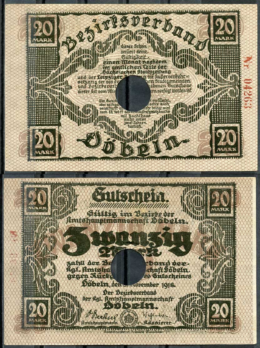 Германия, Дёбельн 20 марок 1918 нотгельд, 8.11.1918, цифры красные Geiger 105.02  бумага  UNC (пресс) 444-128-2-2