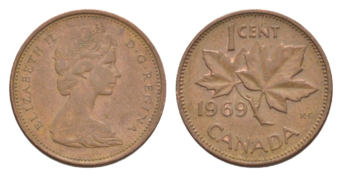 Канада 1 цент 1969 Елизавета II (1952-2022), кленовый лист KM 59 бронза 4630-547