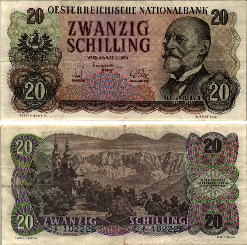 АВСТРИЯ 20 ШИЛЛИНГОВ 1956 2 ИЮЛЯ 1956, КАРЛ ВЕЛСБАХ, ДЕРЕВНЯ МАРИЯ РЕЙН Pick 136а бумага VF-XF 7214-46-2-1