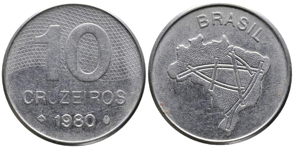 Бразилия 10 крузейро 1980 карта Бразилии KM 592.1 нержавеющая сталь 3336-846