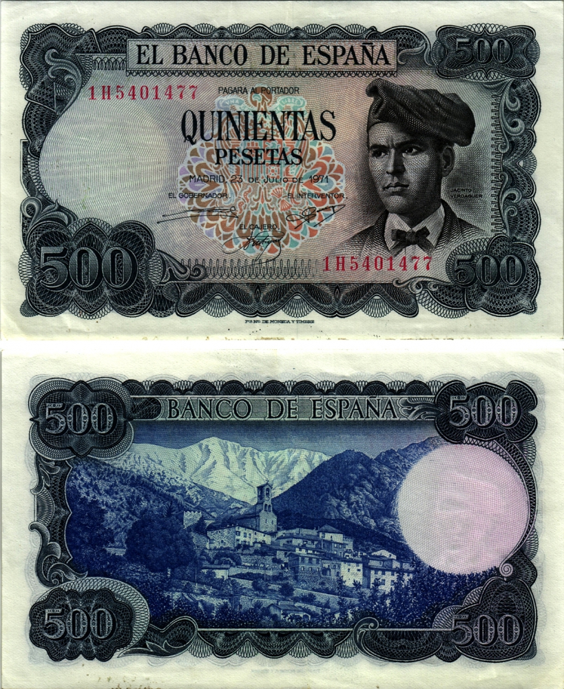 ИСПАНИЯ 500 ПЕСЕТ 1973 23 ИЮЛЯ 1971, ЖАСИНТ ВЕРДАГЕР Pick 153а бумага XF 2192-99-2-1