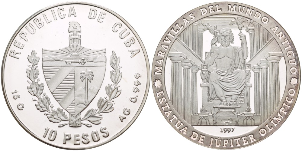 Куба 10 песо 1997 серия семь чудес света, статуя Зевса в Олимпии KM 598 серебро  PROOF  02-108-41