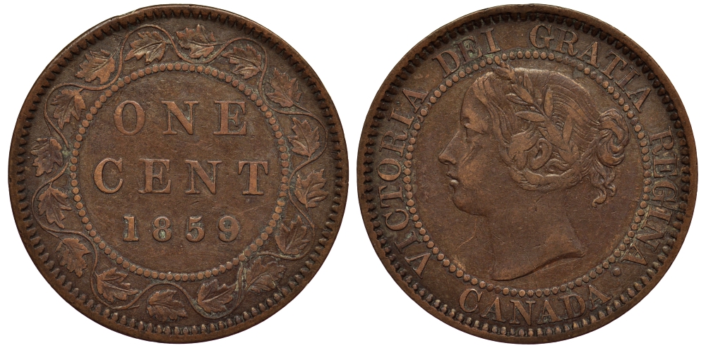 КАНАДА 1 ЦЕНТ 1859 ВИКТОРИЯ, WIDE 9 KM 1 бронза 1524-1043
