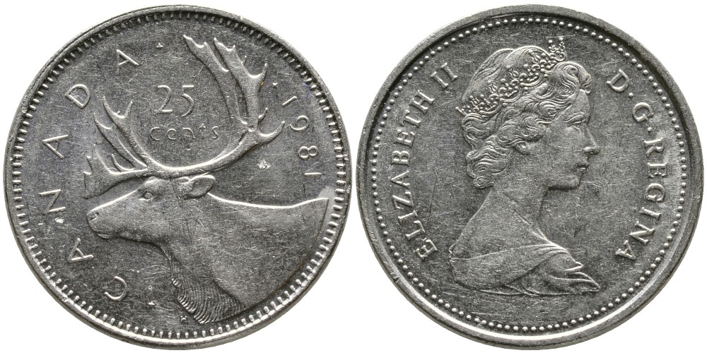 Канада 25 центов 1981 Елизавета II (1952-2022), олень KM 74 никель 4543-745
