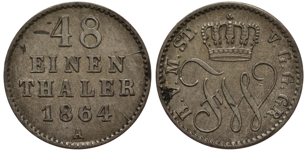 Мекленбург-Стрелиц 1/48 талера 1864 A, Фридрих Франц II (1842-1883) Jaeger 119, AKS 72, KM 96 (C49) серебро 1517-544