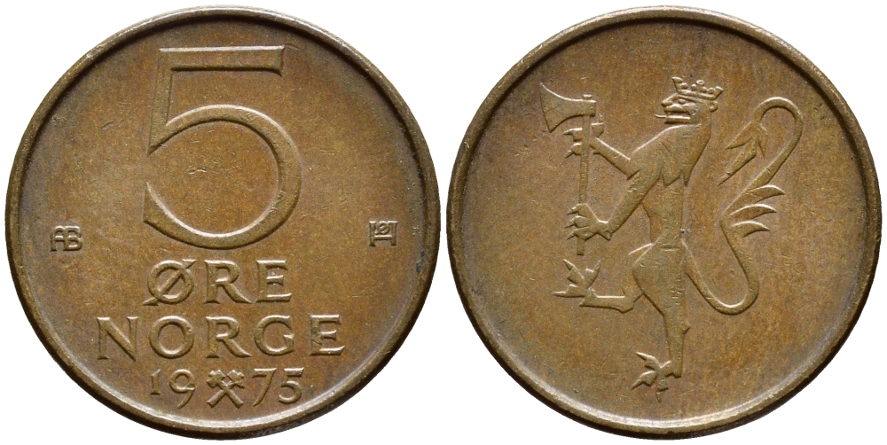 Норвегия 5 эре 1975 Улаф V (1958-1991) KM 415 бронза 259-745