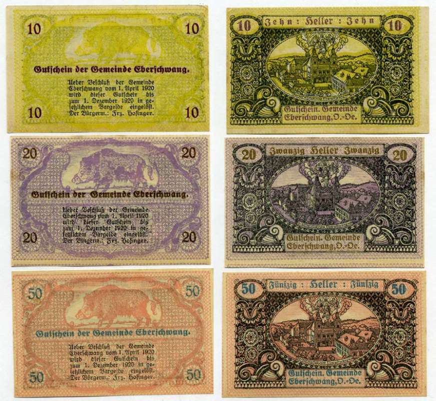 Австрия, Эбершванг набор из 3 банкнот 10, 20, 50 геллеров 1920 1 апреля 1920 - 1 декабря 1920, нотгельд, ярмарочная община в земле Верхняя Австрия   бумага  UNC (пресс) 7555-24-4-1