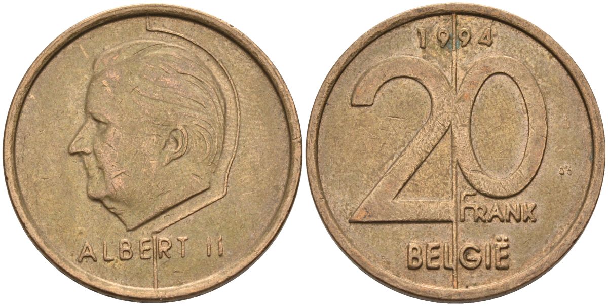 Бельгия 20 франков 1994 Belgie, Альберт II KM 192 никель бронза 4126-323