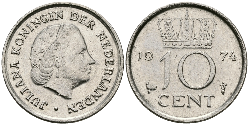 НИДЕРЛАНДЫ 10 ЦЕНТОВ 1974 ЮЛИАНА KM 182 никель 96-341