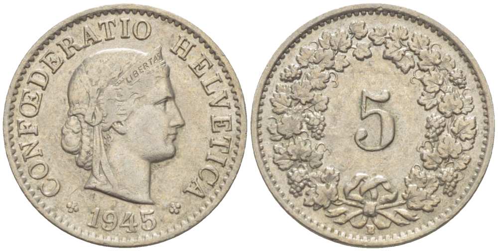 ШВЕЙЦАРИЯ 5 РАППЕНОВ 1945 В KM 26 медно-никель 206-158