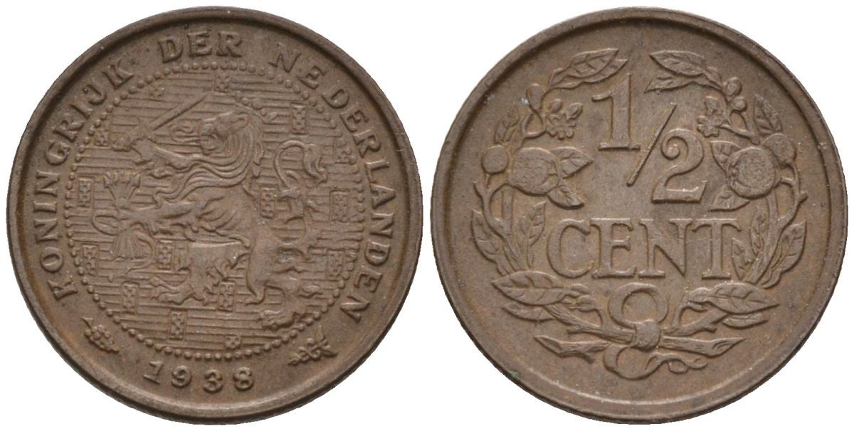 Нидерланды 1/2 цента 1938 Вильгельмина (1890-1948) KM 138 бронза 4588-964