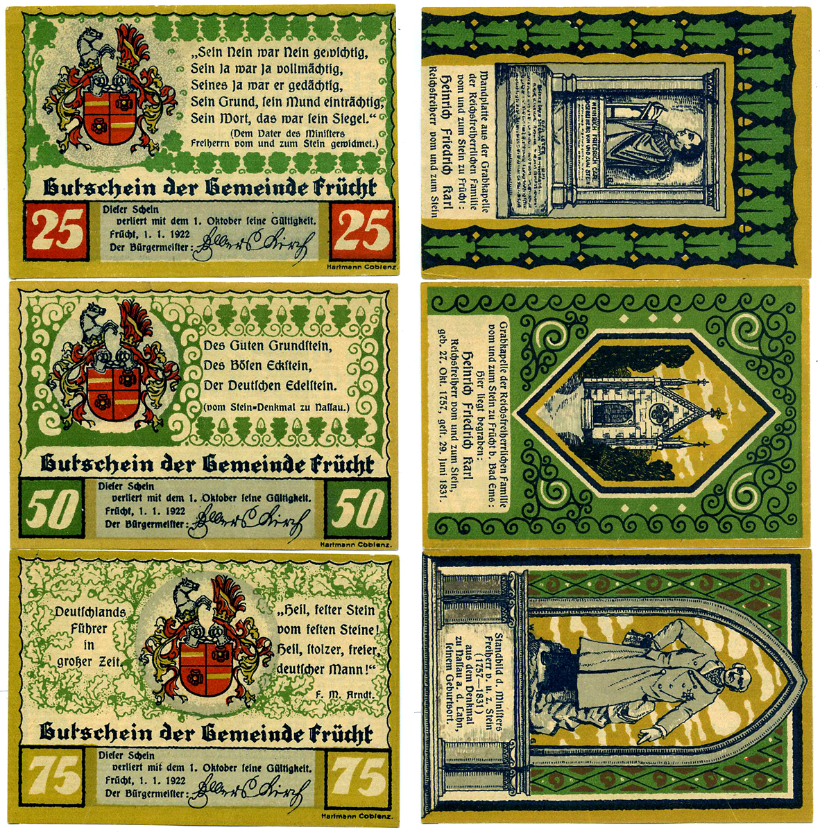 FRUCHT bei EMS НАБОР ИЗ 3 БАНКНОТ 1922 1 ЯНВАРЯ 1922-1 ОКТЯБРЯ 1922, НОТГЕЛЬД (25,50, 75 ПФЕННИГОВ), ОЛИВКОВО-ЗЕЛЁНЫЙ, ПОЛНЫЙ КОМПЛЕКТ Grabowski 399.2 бумага 2193-5-2-2