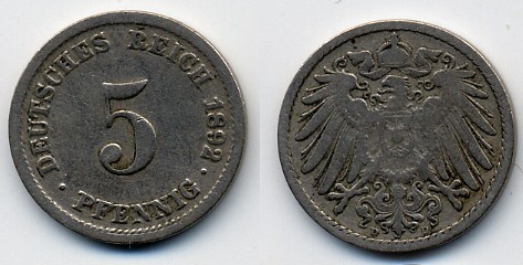 ГЕРМАНИЯ 5 ПФЕННИГОВ 1892 D, KM 11, J. 12 медно-никель 51-5237