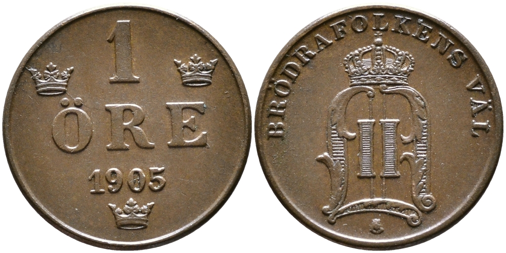 Швеция 1 эре 1905 Оскар II (1872-1907) король Швеции и Норвегии KM 750 бронза 176-869